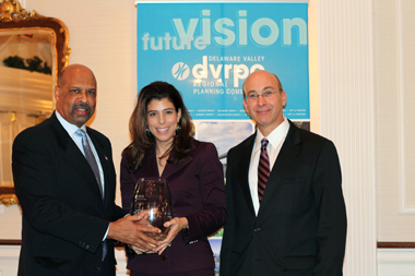 Terence Farrell, Chester County Commissioner and DVRPC Board Chair, presenting to Judge Christine Fizzano Cannon of Delaware County Terence Farrell, Chester County Commissioner and DVRPC Board Chair, presenting to Judge Christine Fizzano Cannon of Delaware County