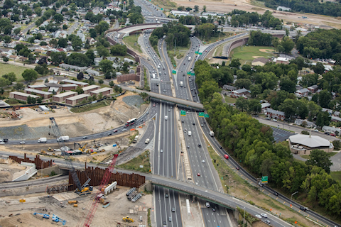 Aerial view of the I-295, NJ 42, and I-76 interchange in New Jersey, showing construction activity