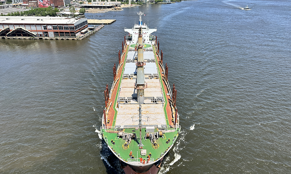 An overview image of a tanker hauling freight on the Delaware River in Philadelphia