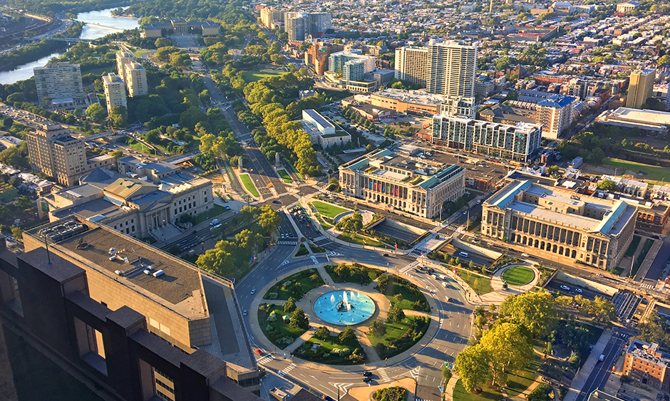 An aerial photo looking down at Logan Circle in Philadelphia