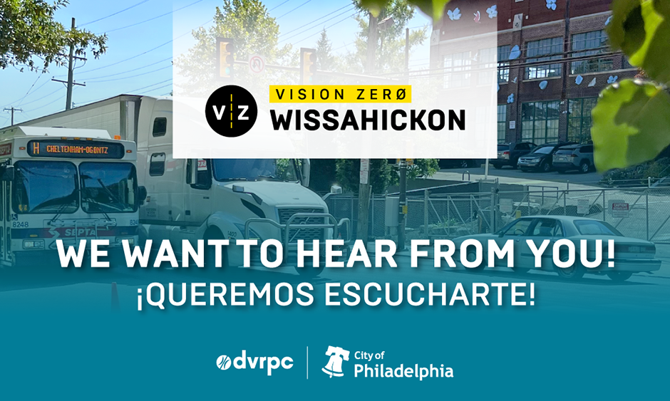 A graphi showing a bus and cars on Wissahickon Avenue with text that reads in English and Spanish: We want to hear from you!