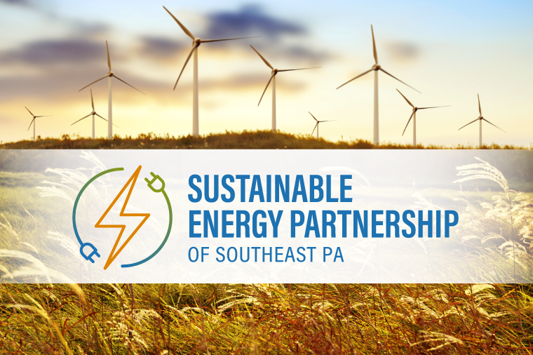 A graphic of wind turbines with the logo for the Sustainable Energy Partnership of Southeast PA
