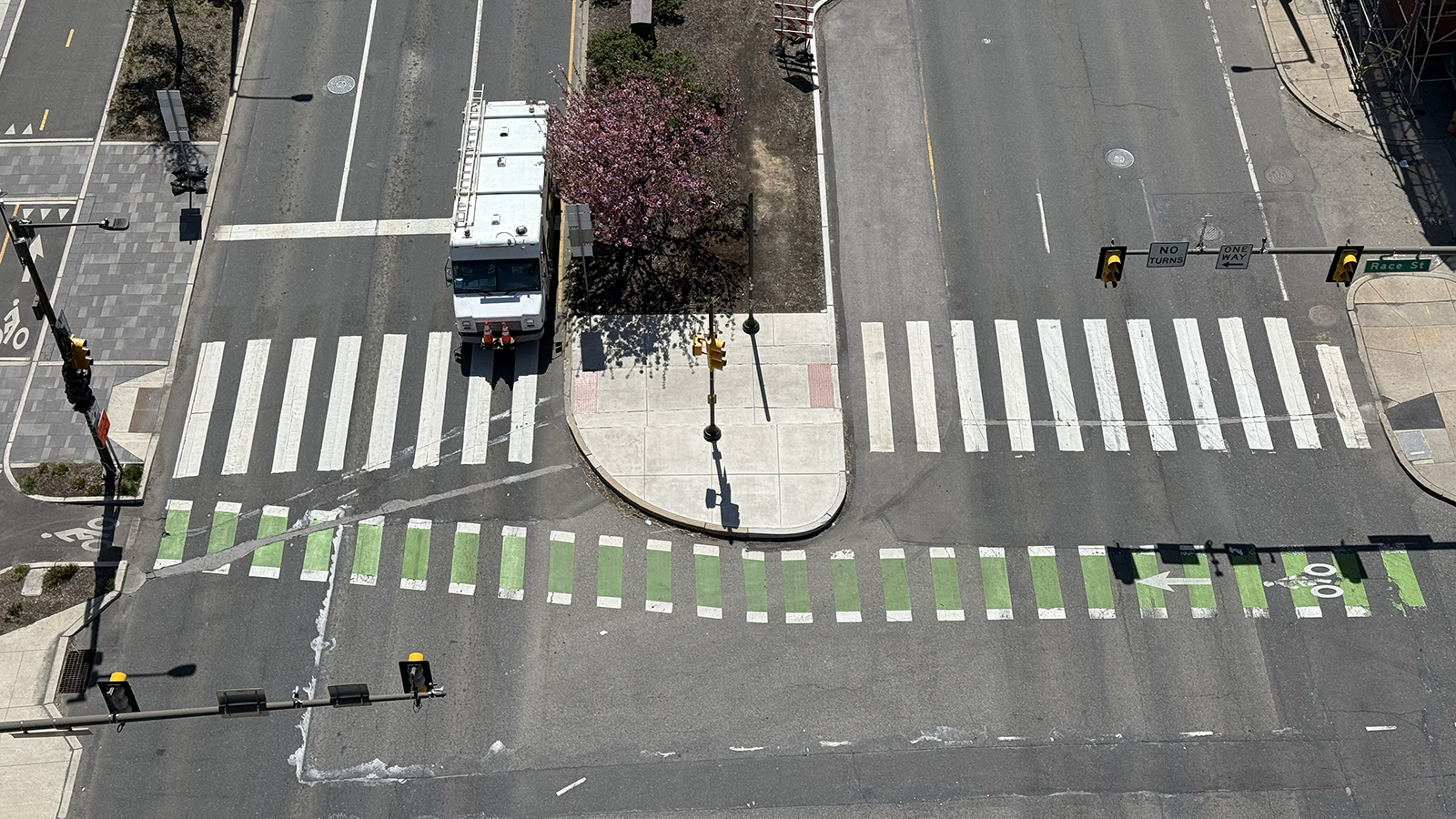Aerial view of a cross walk and bike crossing on Delaware Ave in Philadelphia 