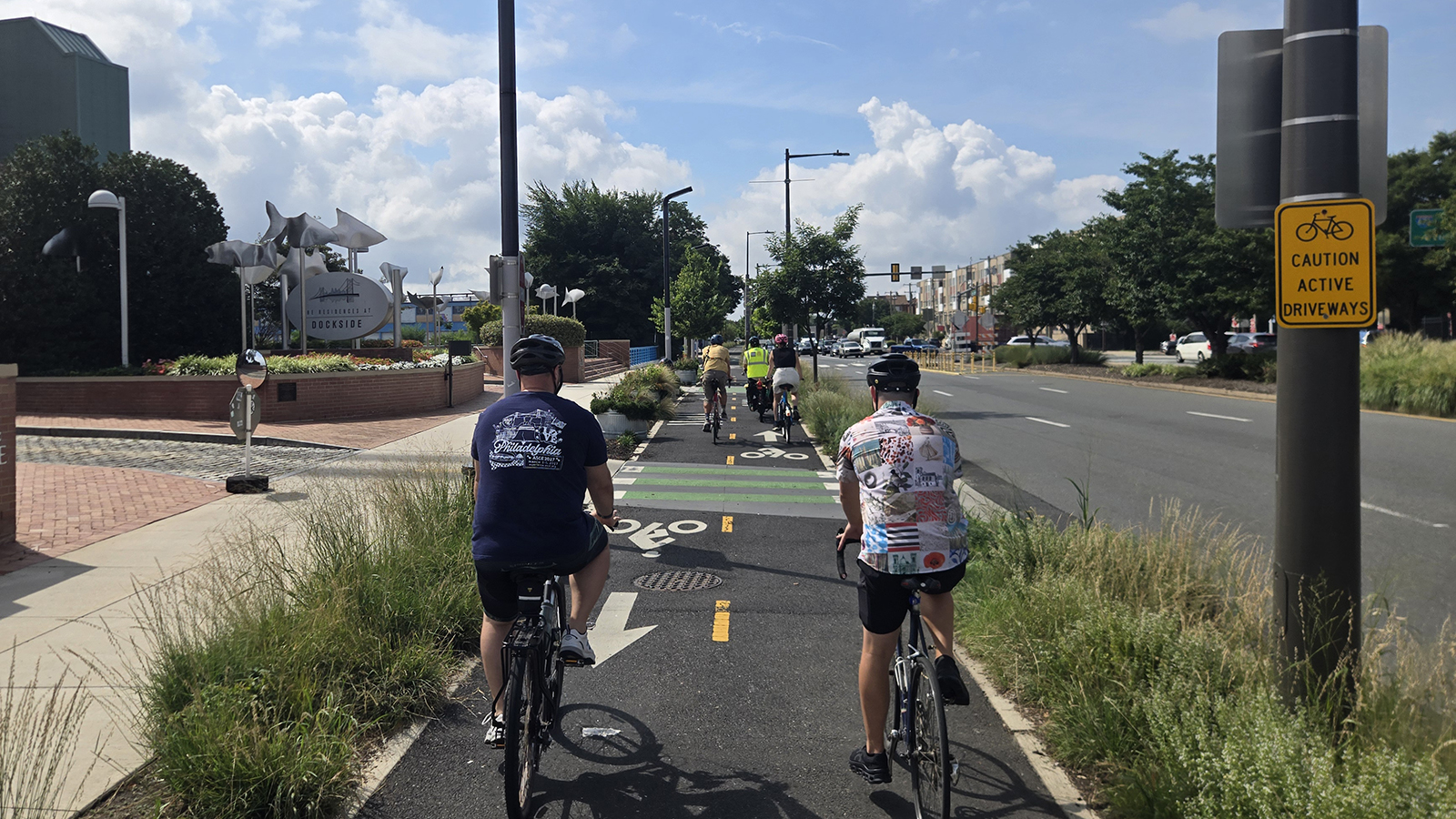 Cyclists ride on a two-way bike path 