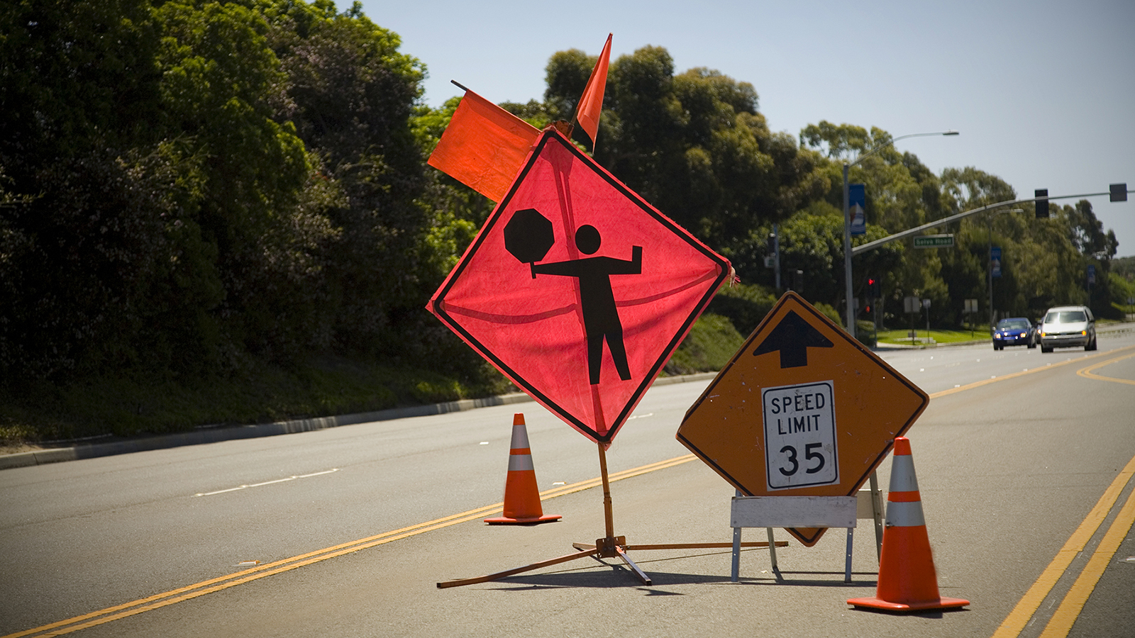 A construction sign indicating a flagger ahead