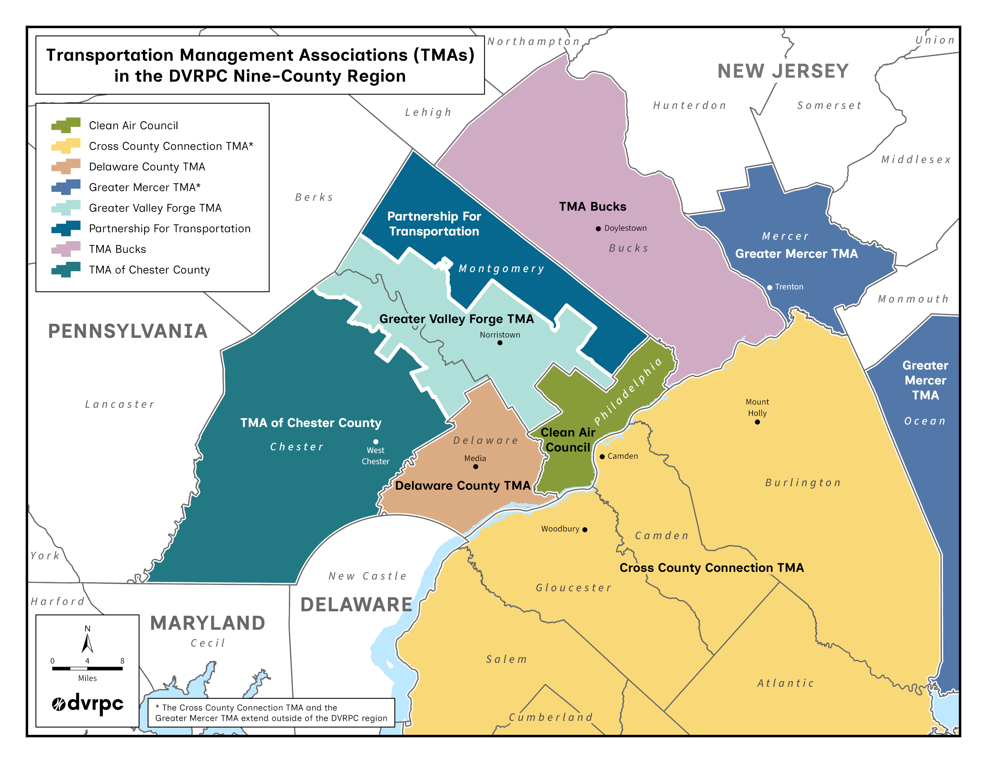 Map of DVRPC region highlighting each TMA region as described below.
