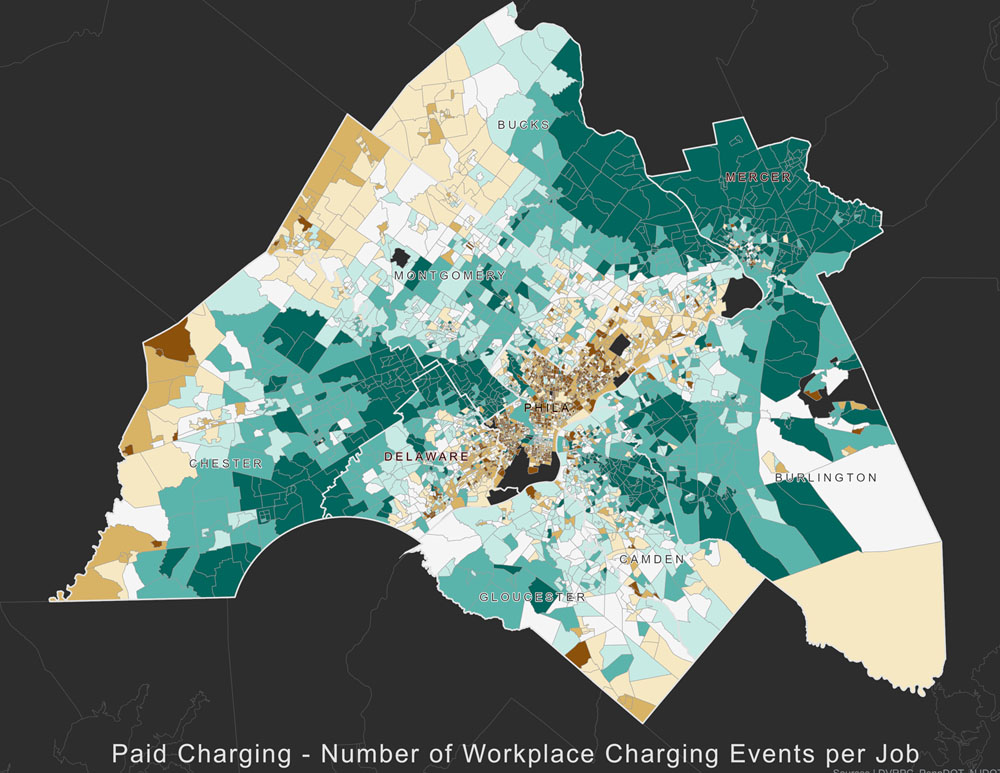 map of workplace charging demand in number of charging events and kWh of demand by census block group for free charging.