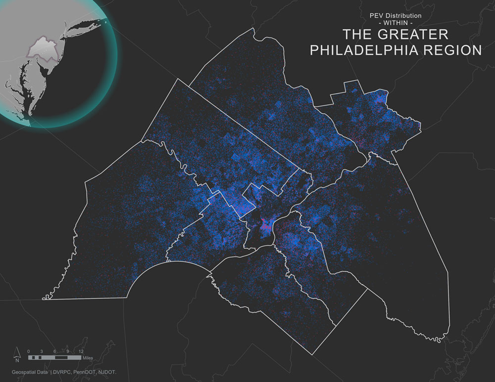 map of current and projected PEV distribution per census block in the DVRPC region.