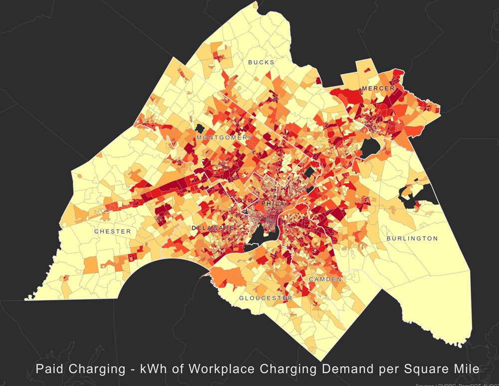 map of workplace charging demand in number of charging events and kWh of demand by census block group for paid charging.